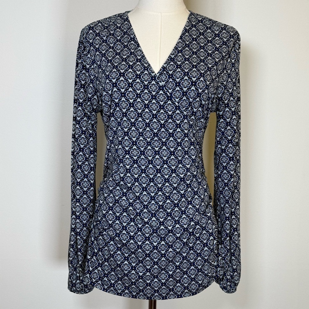 Boden ‘Elodie’ Long Sleeve Wrap Top Geometric Pattern Ruched Women’s Size 12